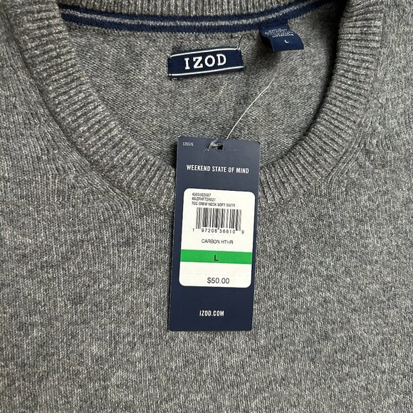 IZOD Premium Essentials Men's Size L Crew Neck Cotton Blend Soft Sweater Grey NW - Picture 7 of 8